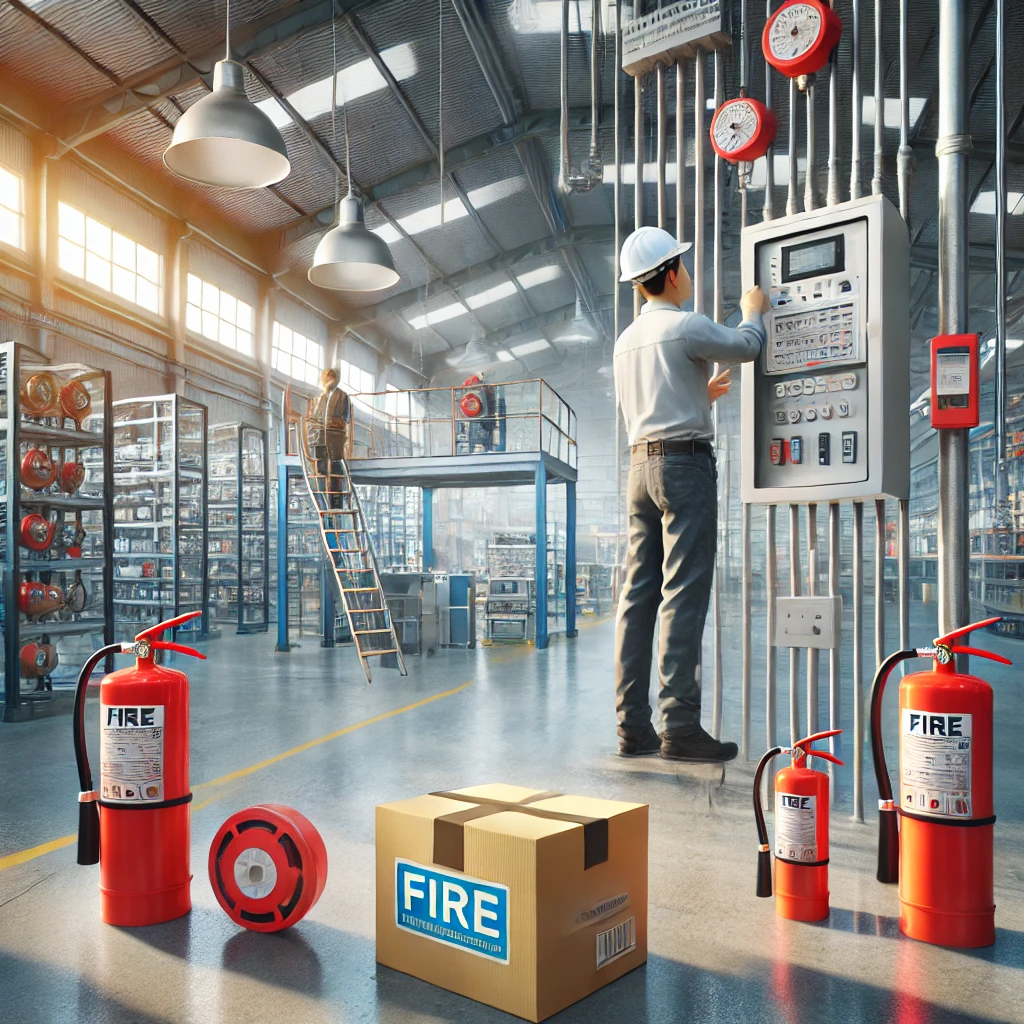 dall·e 2024 09 13 16.59.03 a realistic image showing the installation and maintenance of fire safety equipment in an industrial setting. the scene includes fire extinguishers s
